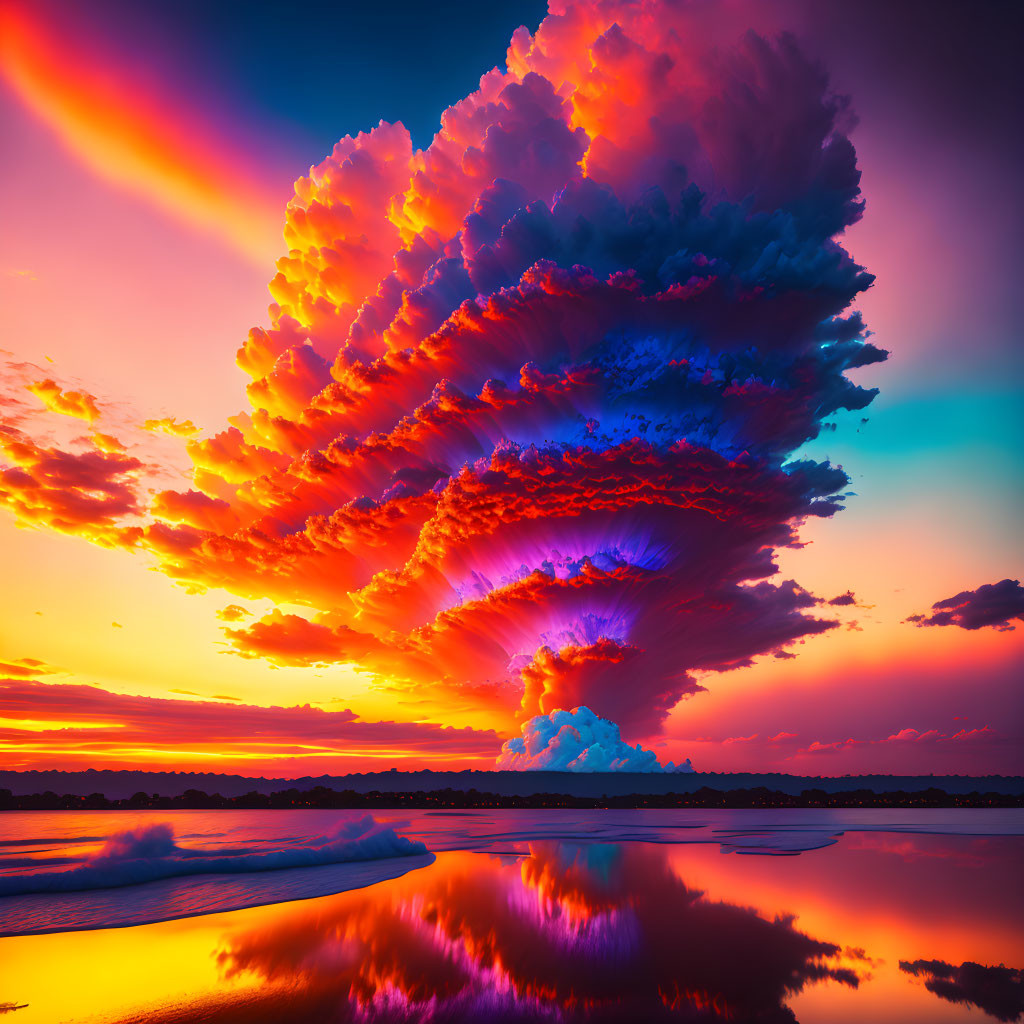 Colorful sunset with dramatic cloud reflection in water