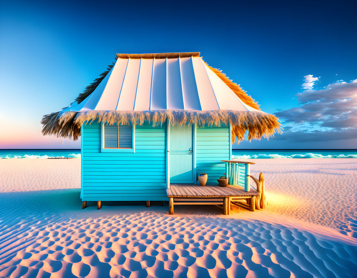Colorful beach hut on sandy dunes under a sunset sky