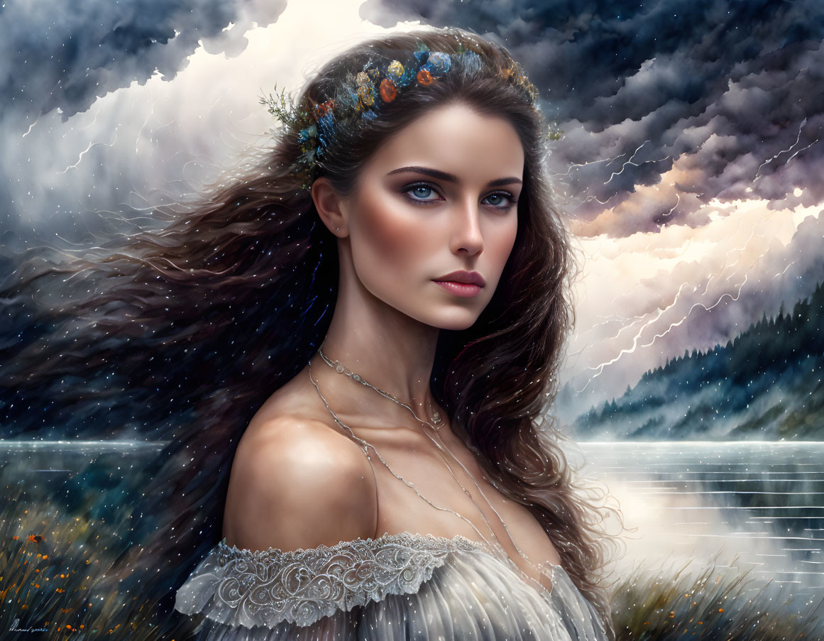 Digital painting of woman with floral crown and dramatic makeup against stormy landscape