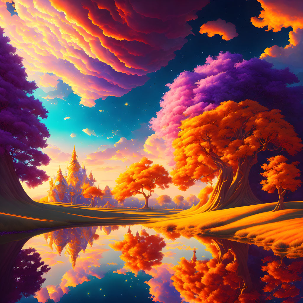 Colorful fantasy landscape with mirrored lake and dramatic sunset sky