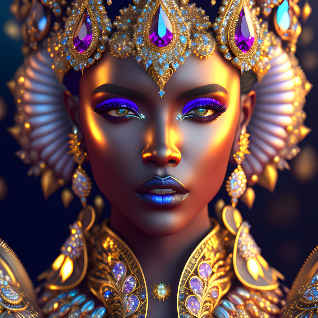 Exquisite digital artwork: Woman with golden headdress and jewelry