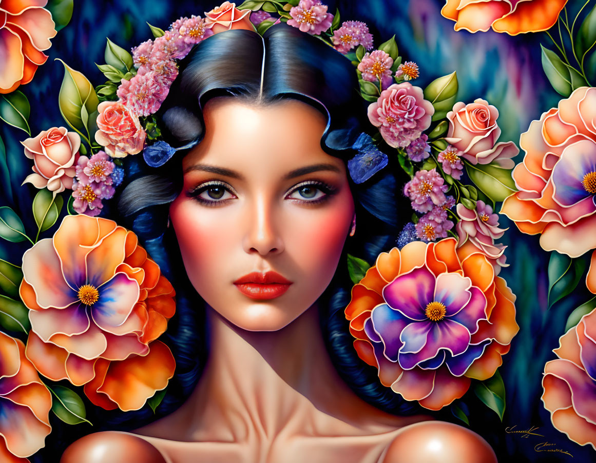 Vibrant floral portrait of a woman with intense gaze