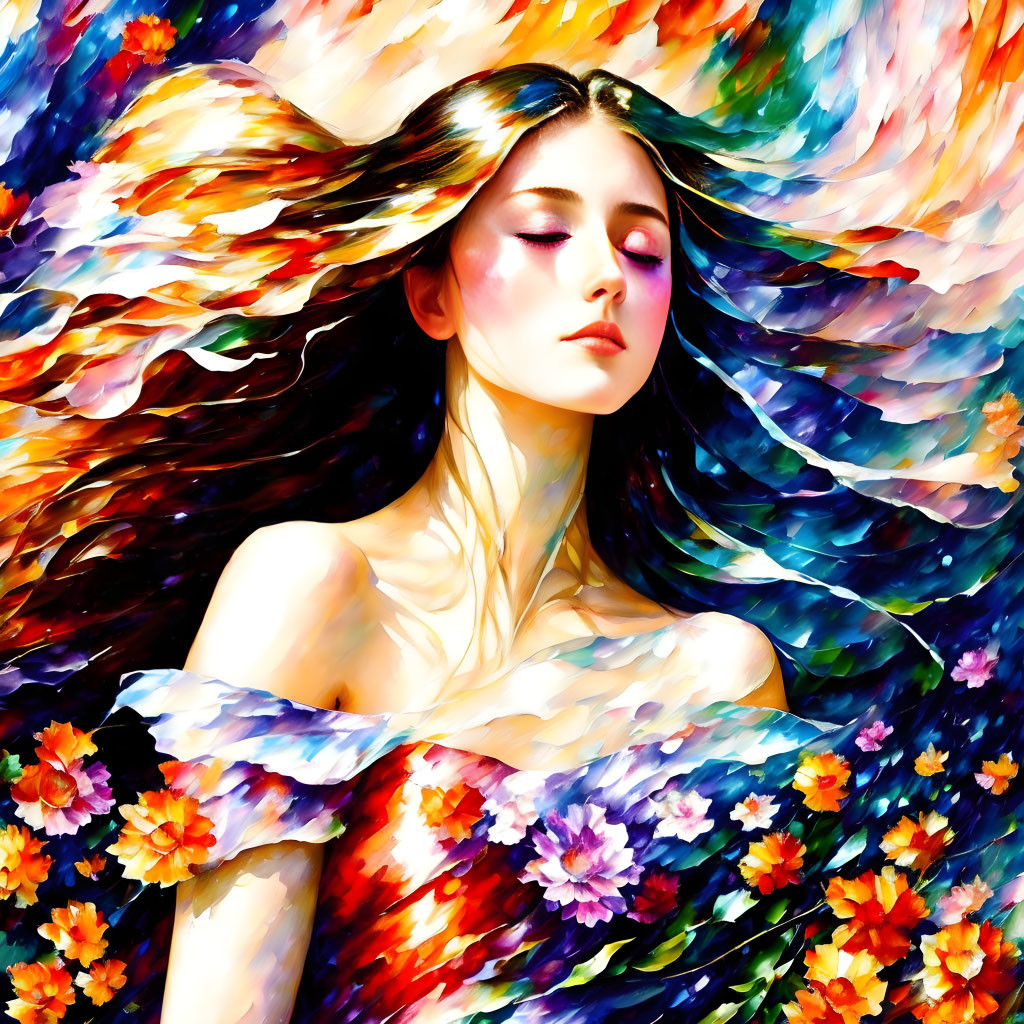 Colorful Digital Painting: Woman with Flowing Hair and Floral Patterns