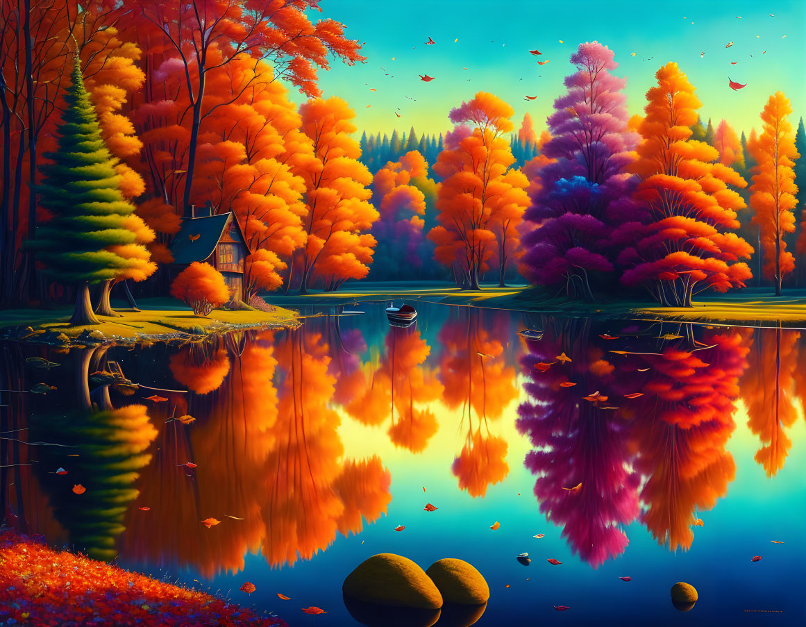 Colorful Autumn Trees Reflecting in Lake with Boat and Cozy Cabin