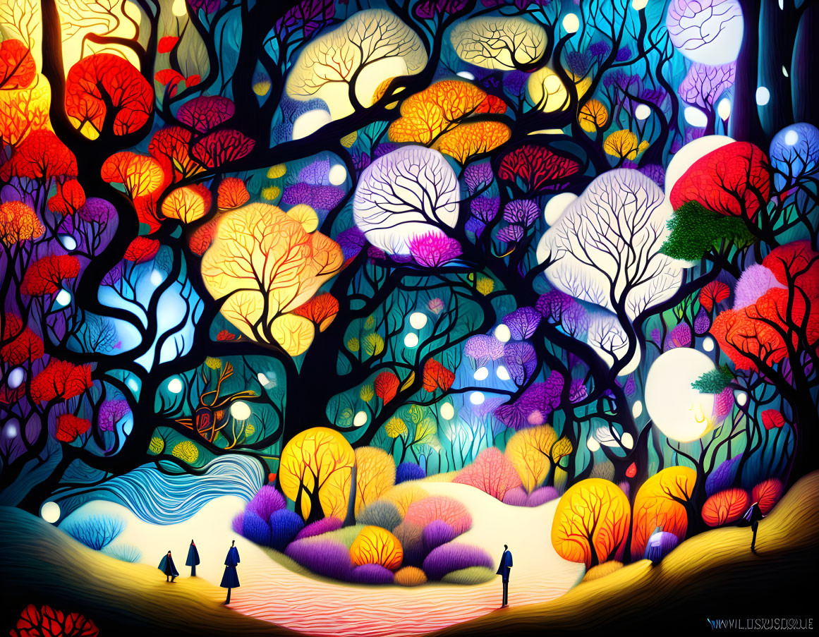 Colorful forest with stylized trees and bright leaves under moonlit sky