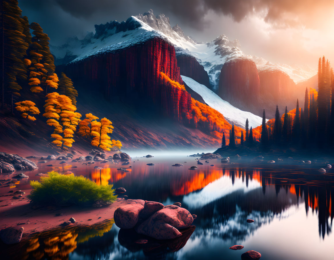 Tranquil sunset mountain landscape with autumn trees, lake, and rocky peaks