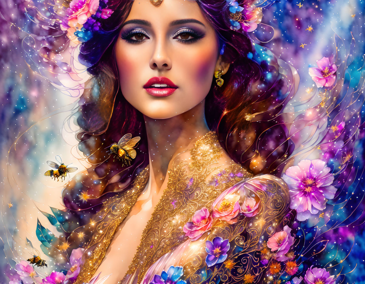 Colorful digital artwork: Woman with decorated hair and tattoos, surrounded by flowers and bees on cosmic background