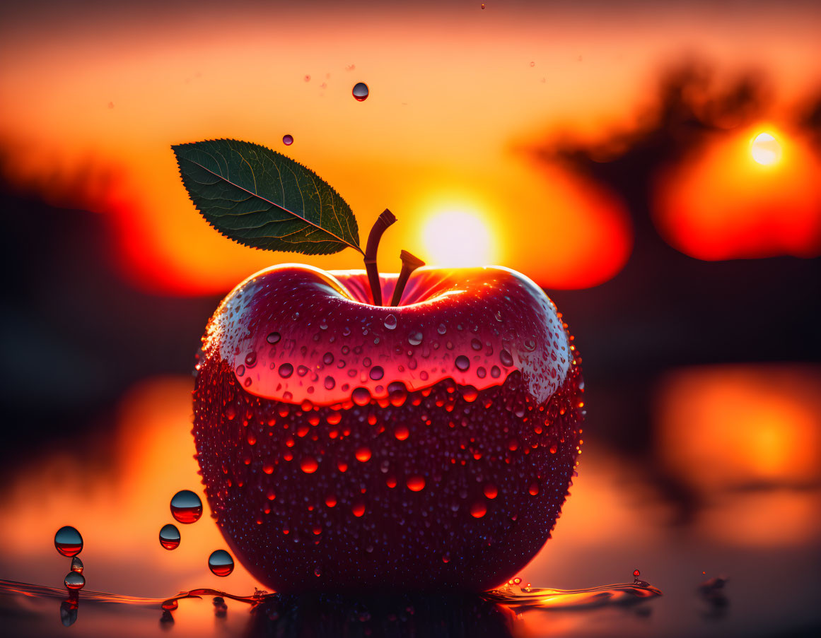 Dew-covered apple at sunset with suspended water droplets