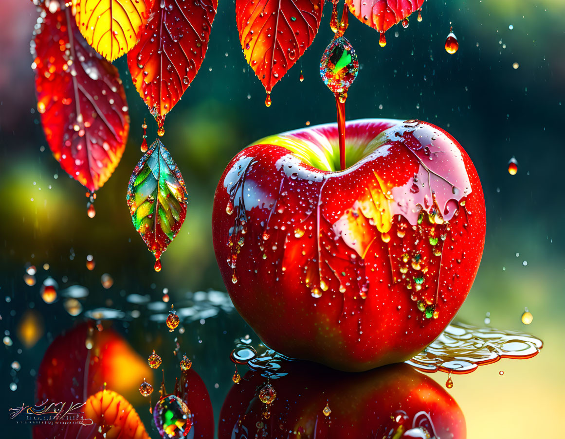 Vivid red apple with water droplets, colorful leaves, and blurred green background