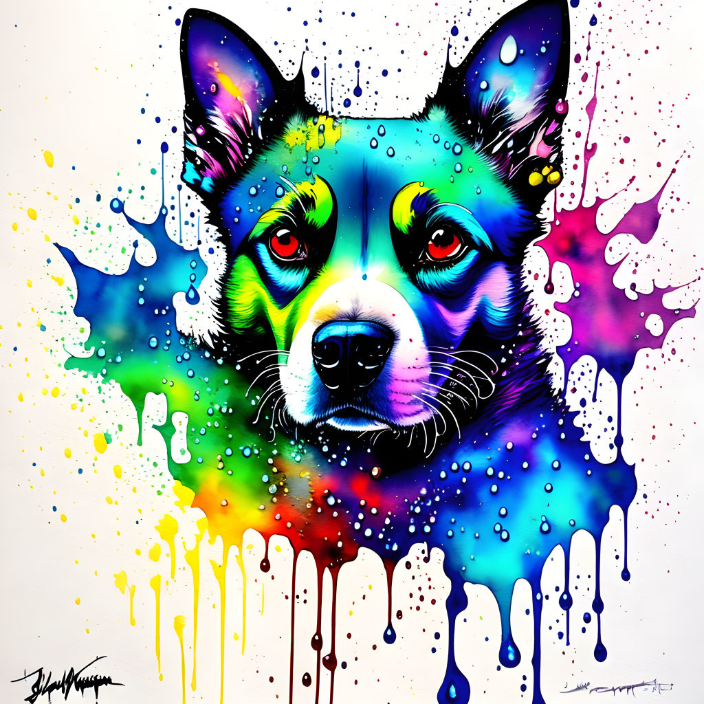 Abstract Dog Portrait with Colorful Paint Splashes