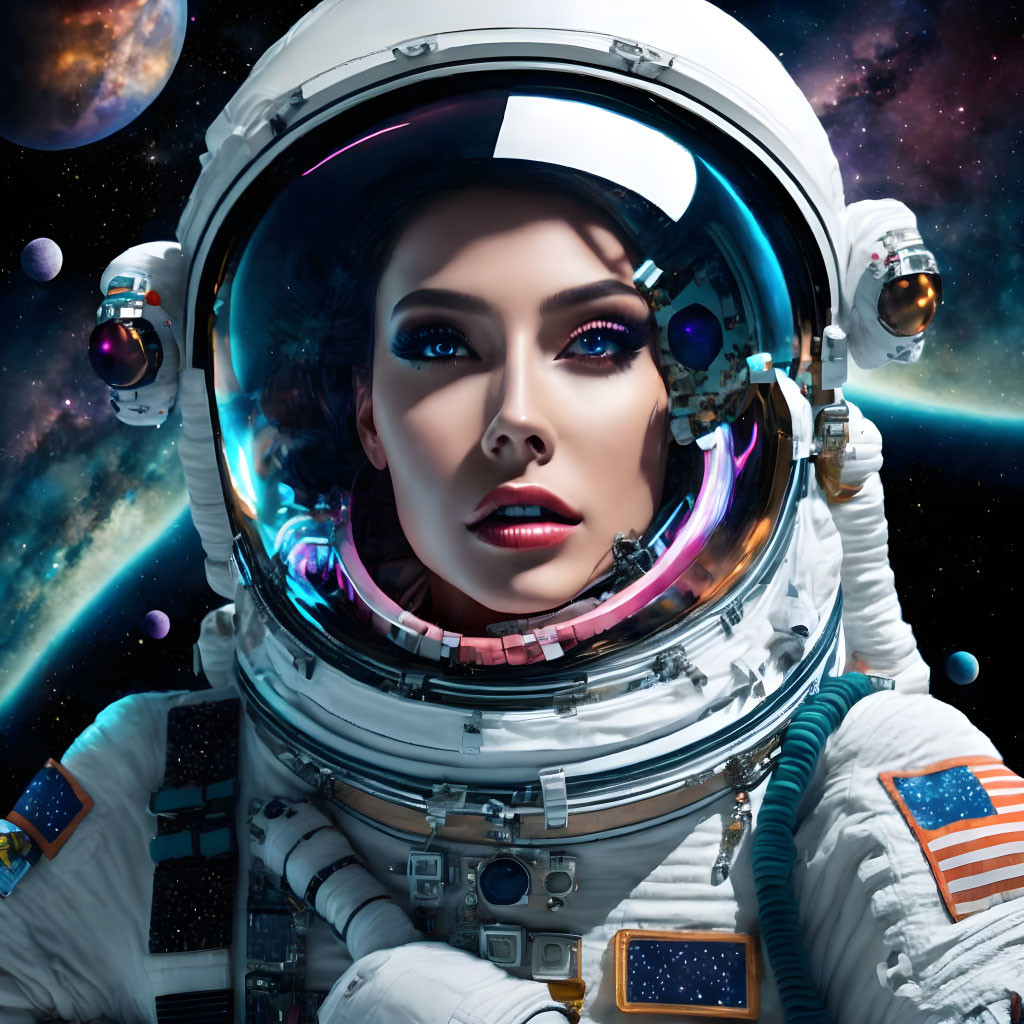 Reflective visor helmet astronaut with vibrant makeup in space