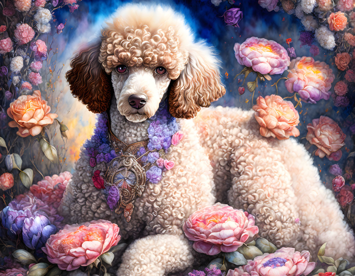 Whimsical poodle portrait with vibrant flowers and ornate jewelry