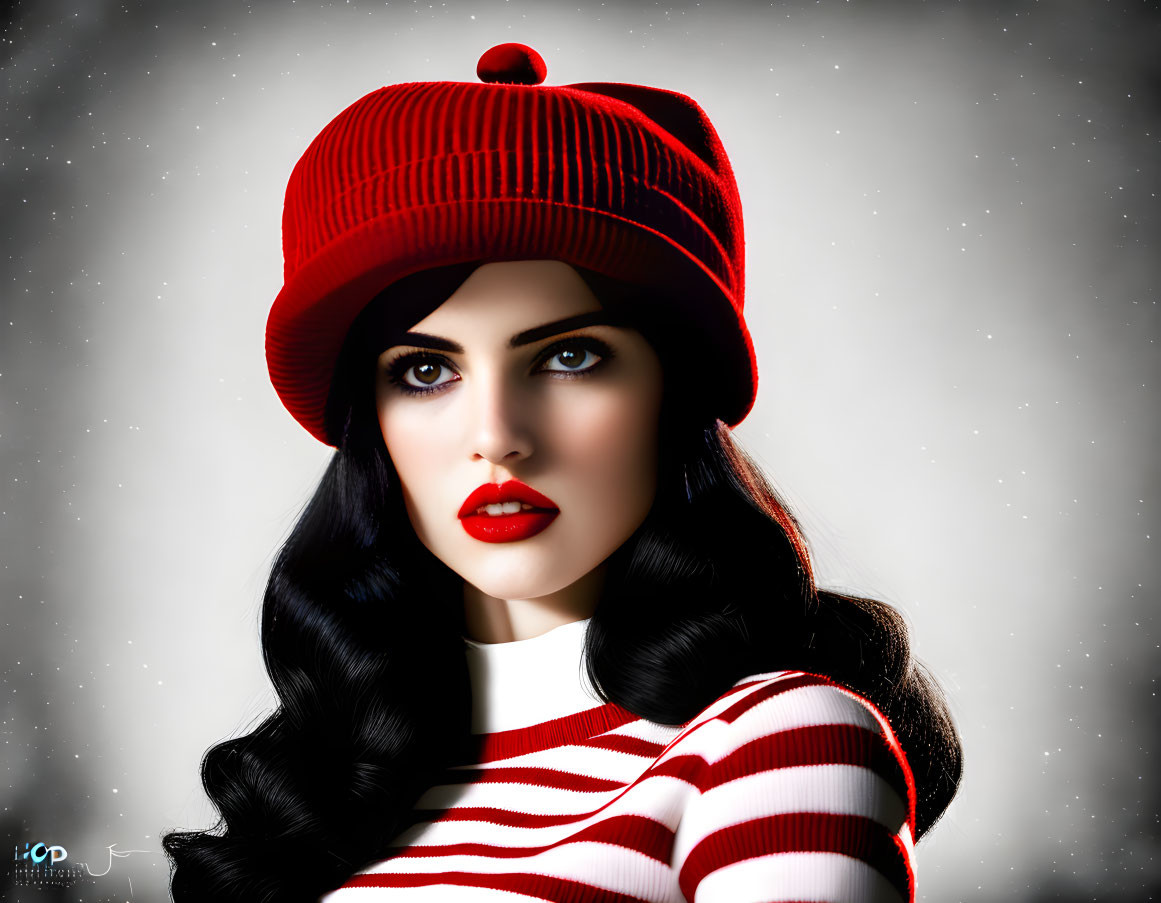 Stylized image of woman in red lipstick, red beanie, and striped shirt on gray backdrop