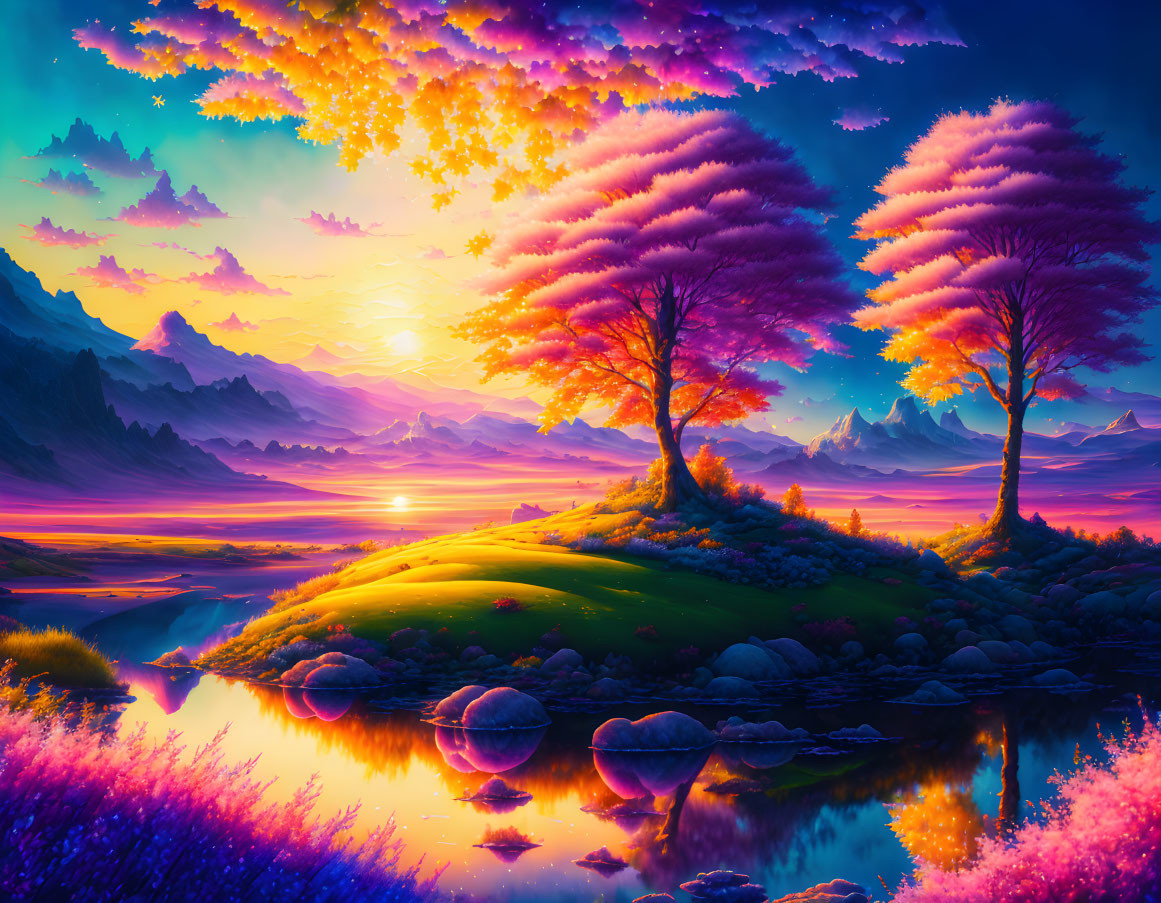 Scenic sunset landscape with pink and orange hues reflecting on river and colorful foliage