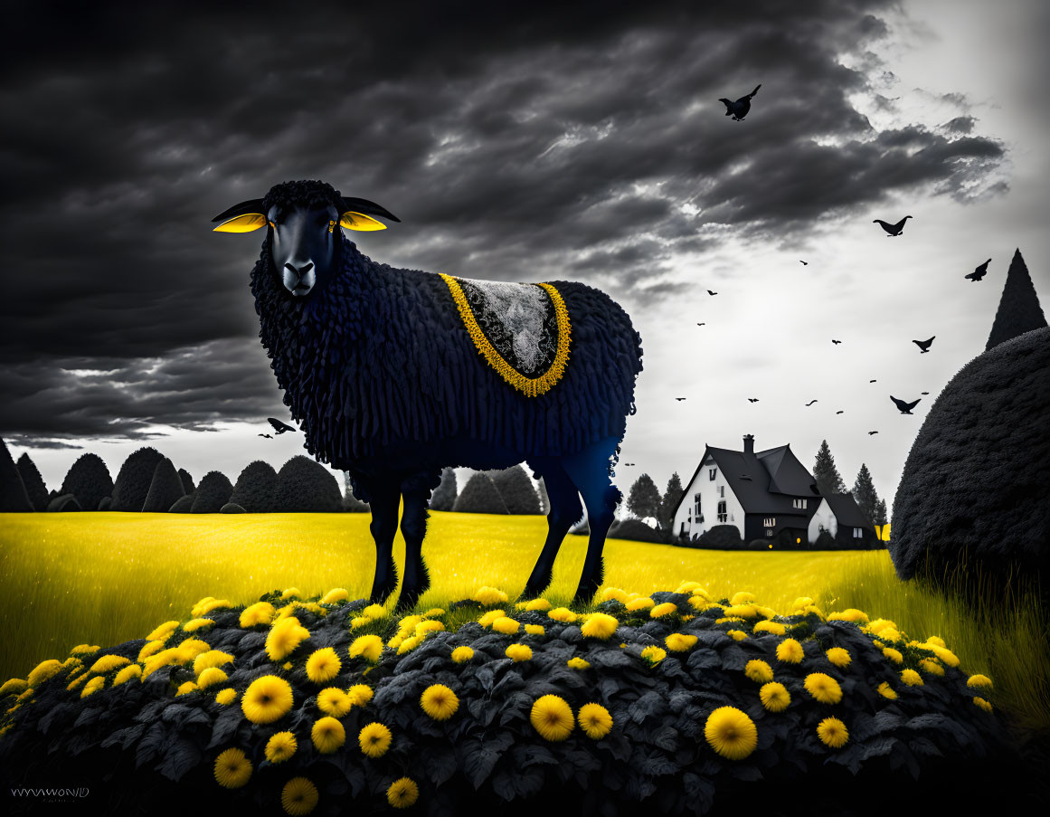 Stylized black sheep on mound with yellow flowers and rural backdrop