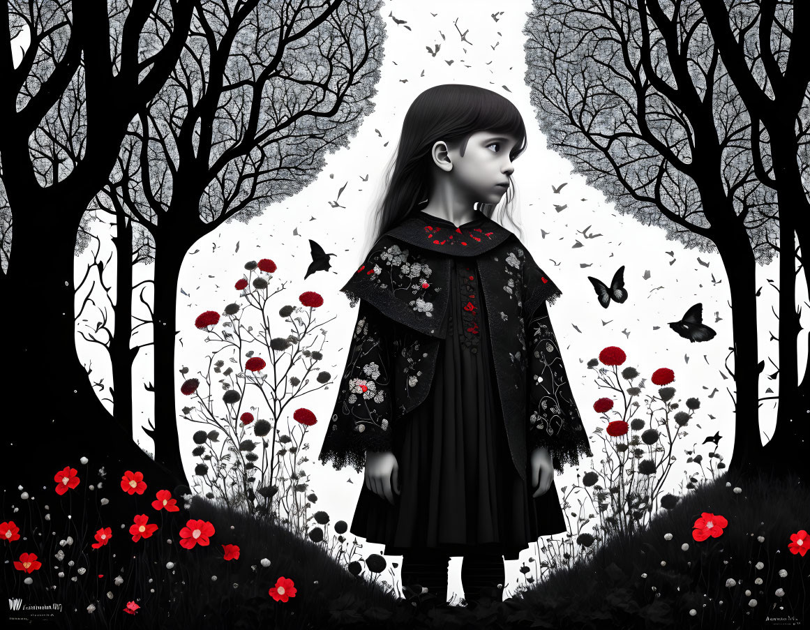 Girl in dark dress surrounded by red flowers and butterflies in monochrome forest.