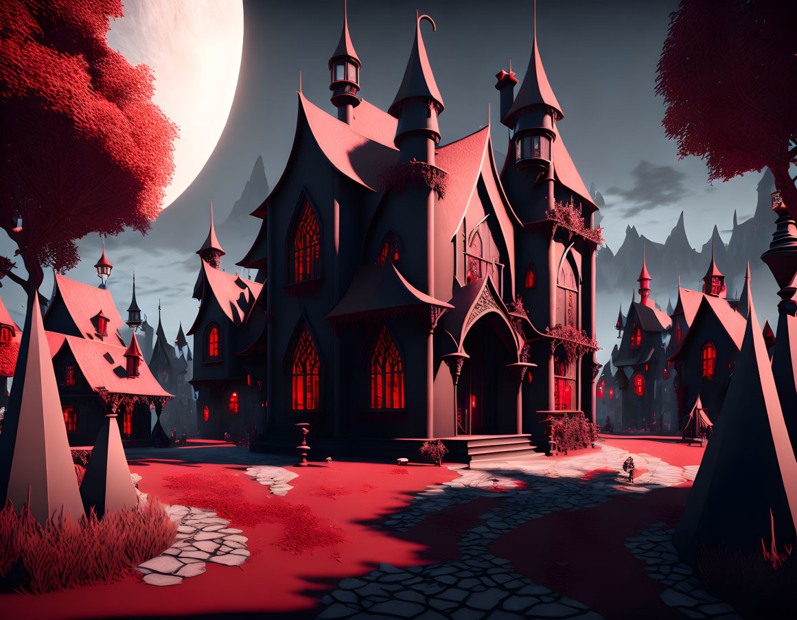 Gothic mansion under massive moon in eerie scene