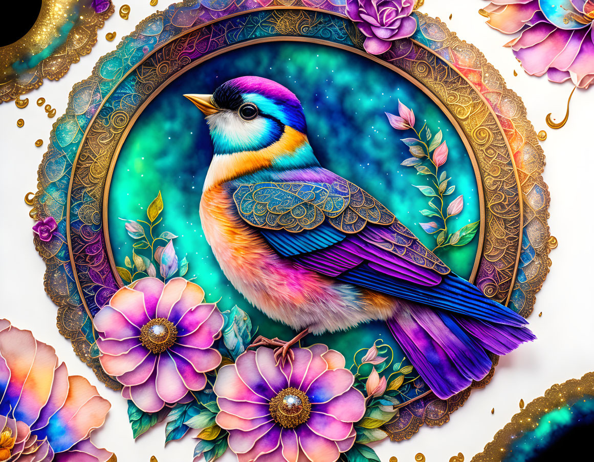 Colorful Bird in Round Frame with Flowers on Starry Background