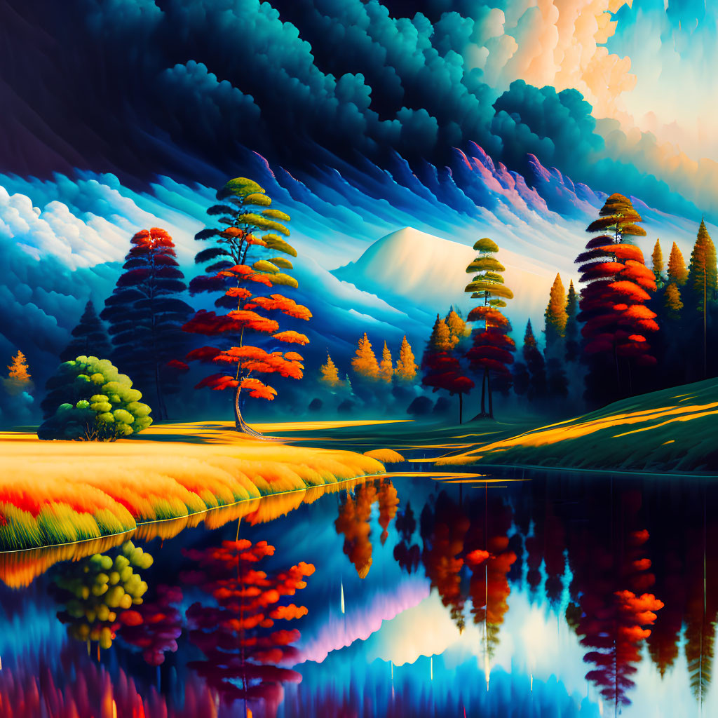 Colorful landscape painting: serene lake, vibrant trees, dramatic sky, distant mountain