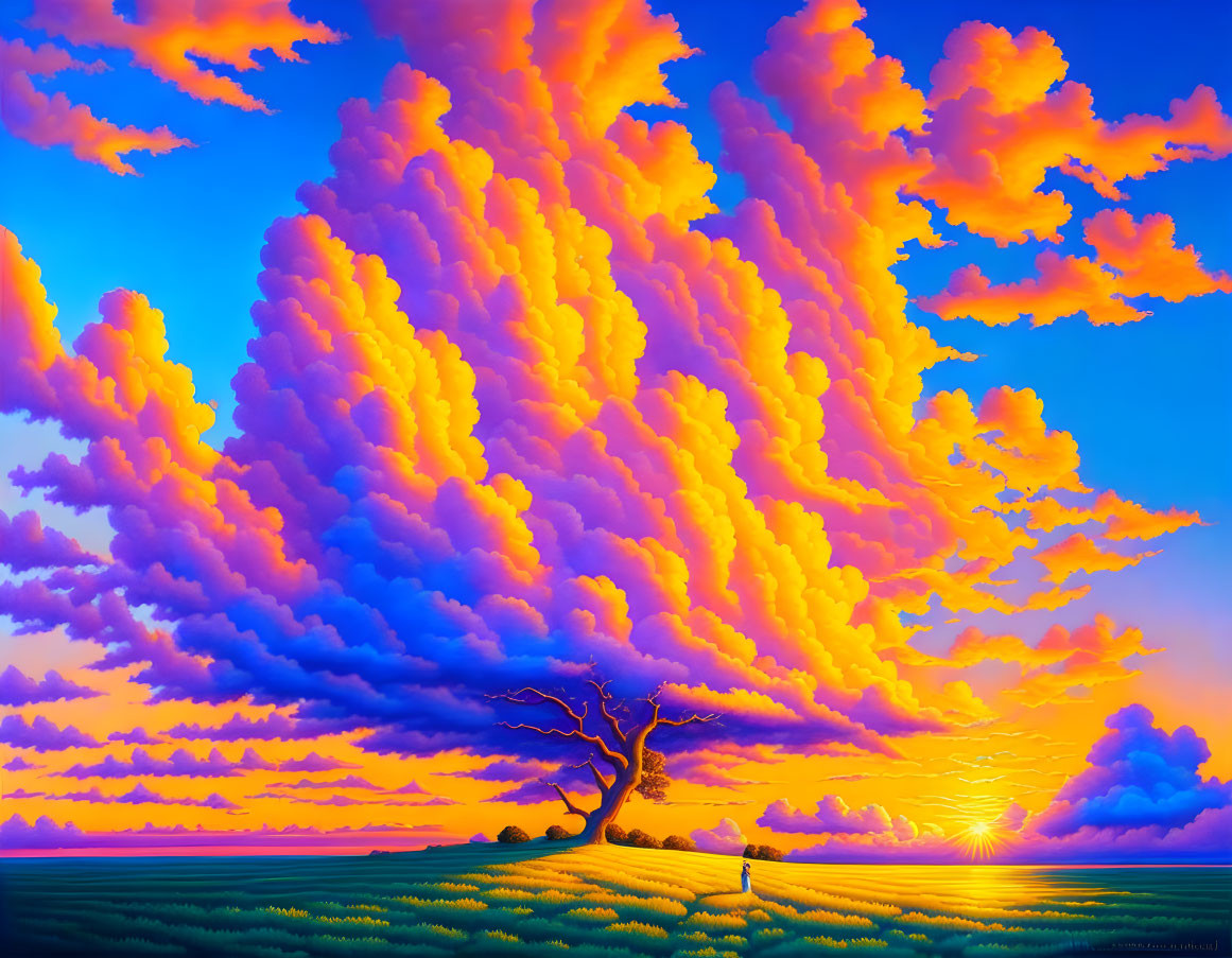 Colorful artwork: Orange and blue sky, lone tree, green field, person watching sunset