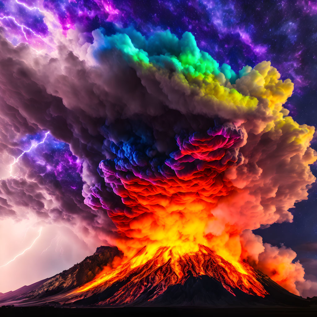 Colorful volcanic eruption with lightning in starry night sky