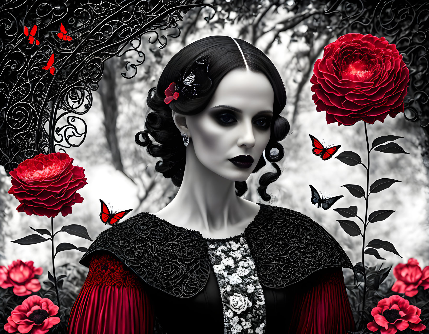 Gothic-themed image of a pale woman in black with red floral motif, roses, and butterflies