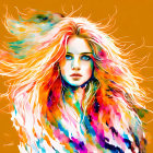 Vibrant digital artwork: Woman with colorful, flowy hair on orange backdrop