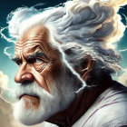 Elderly man with white hair and stormy skies illustration