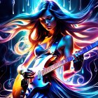 Colorful Illustration: Woman Playing Electric Guitar in Abstract Background