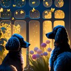 Fluffy dogs looking out of window with fairy lights and glowing flowers