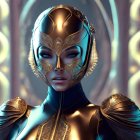 Elaborate golden headgear on futuristic female figure in metallic armor