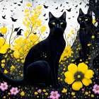 Two black cats in vibrant flower field with misty forest background