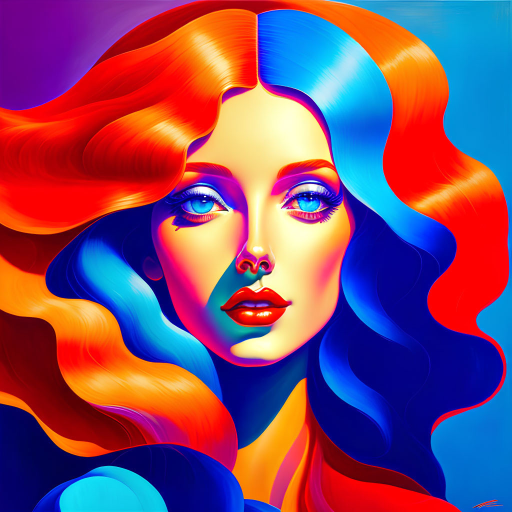 Colorful digital portrait of a woman with red and blue hair, blue eyes, and red lips on