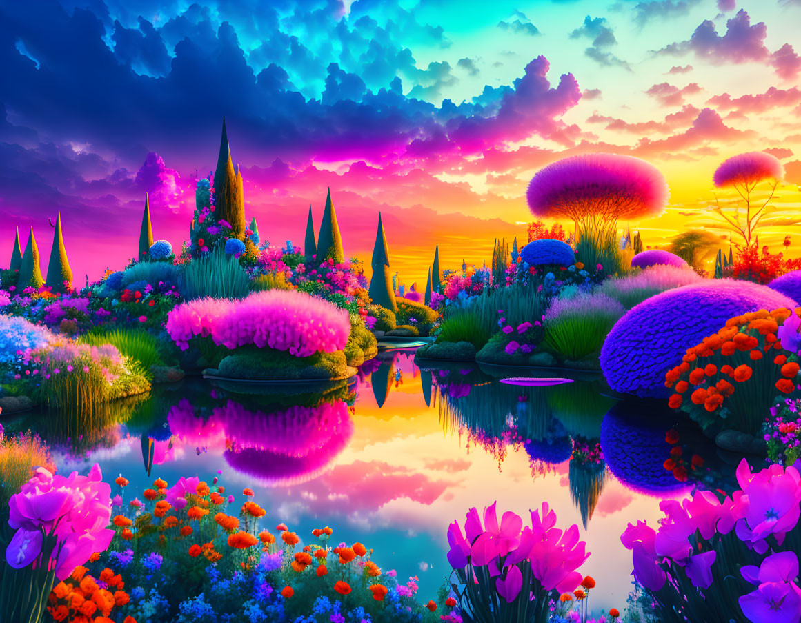 Colorful Sunset Landscape with Reflective Water and Whimsical Trees