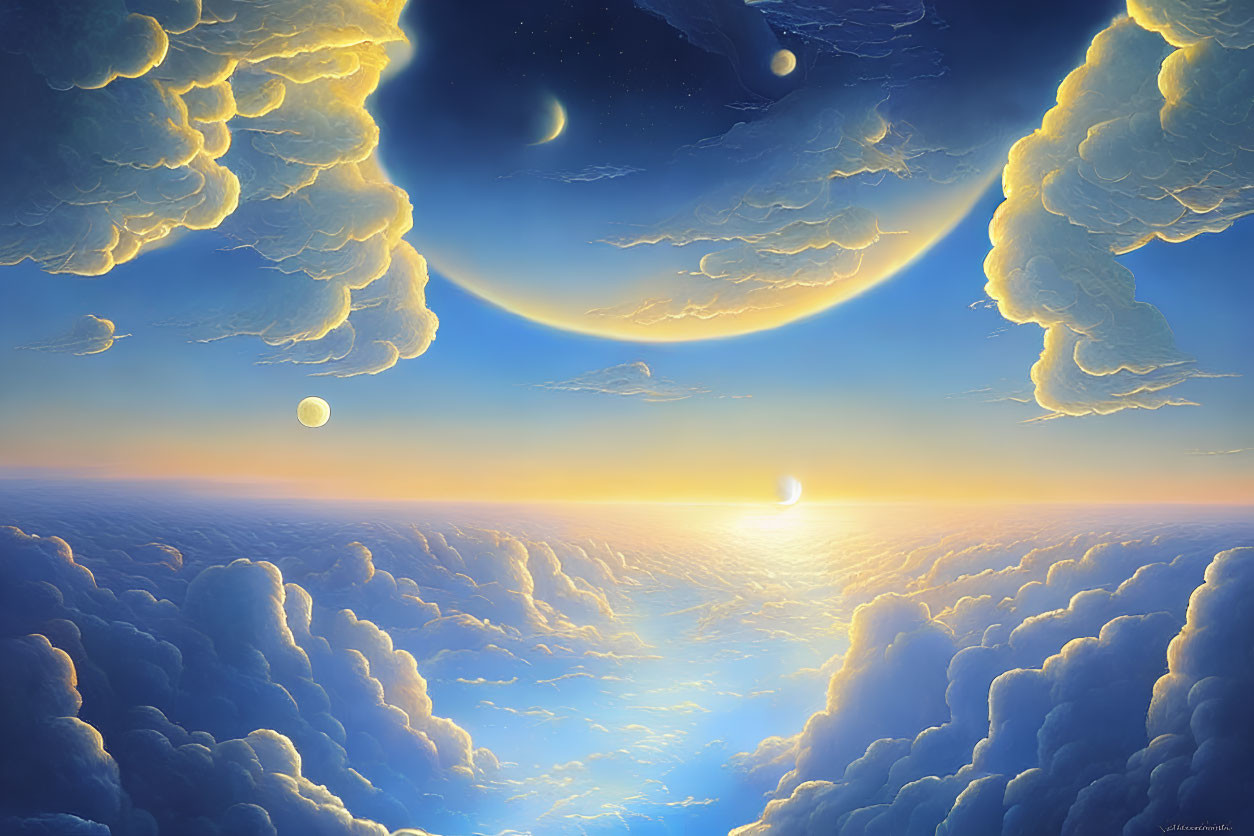 Surreal landscape with multiple moons, sun, fluffy clouds