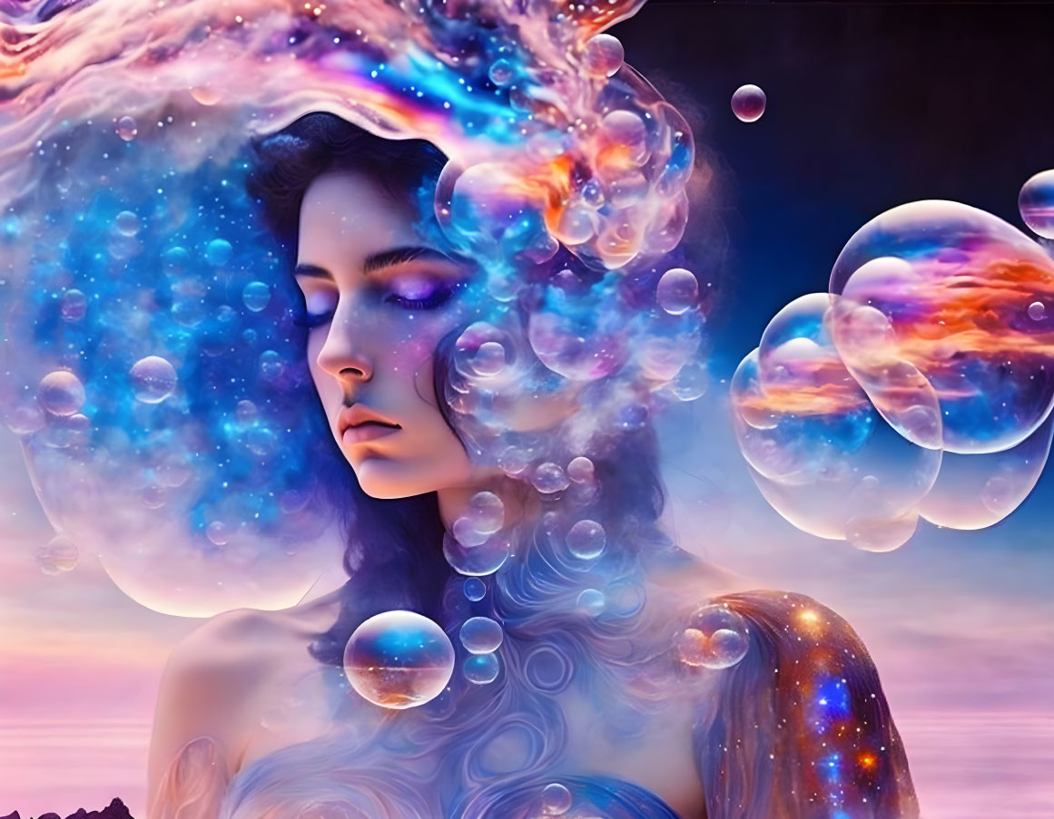 Surreal portrait: woman with galaxy hair in cosmic bubble twilight scene