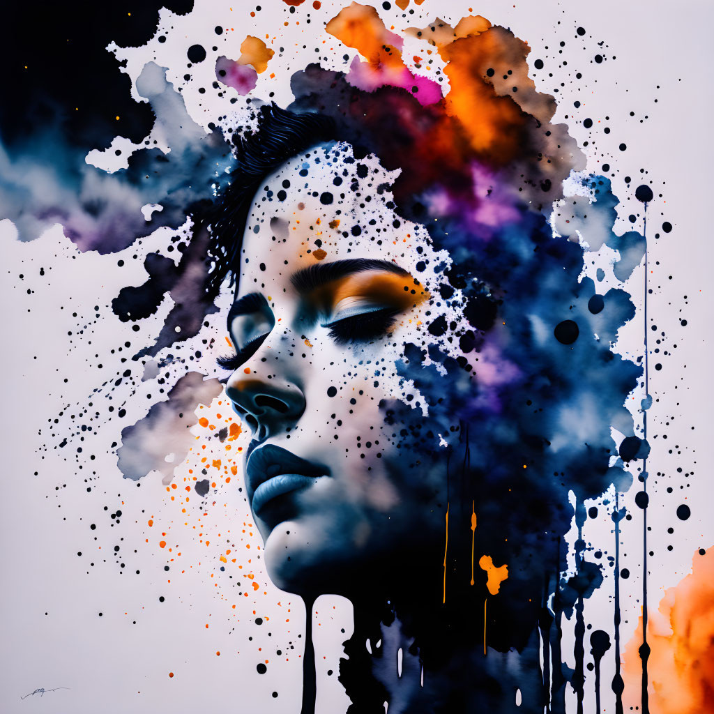 Colorful ink portrait of woman with dissolving features