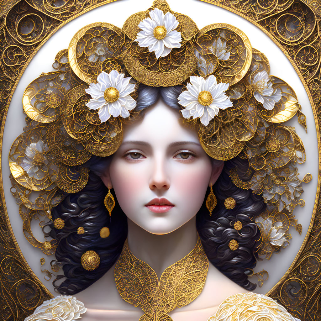 Illustration of pale-skinned woman with dark hair, adorned in gold jewelry and white flowers in circular