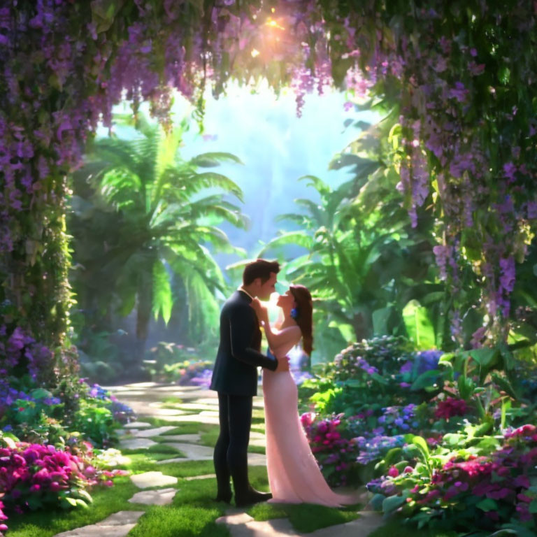 Couple holding hands in lush garden archway with purple flowers and sun rays.