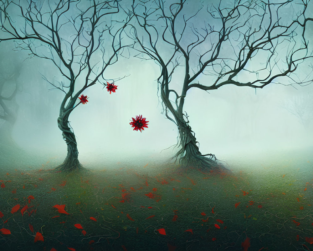 Mystical forest scene with twisted trees, red leaves, and spiky orbs in foggy