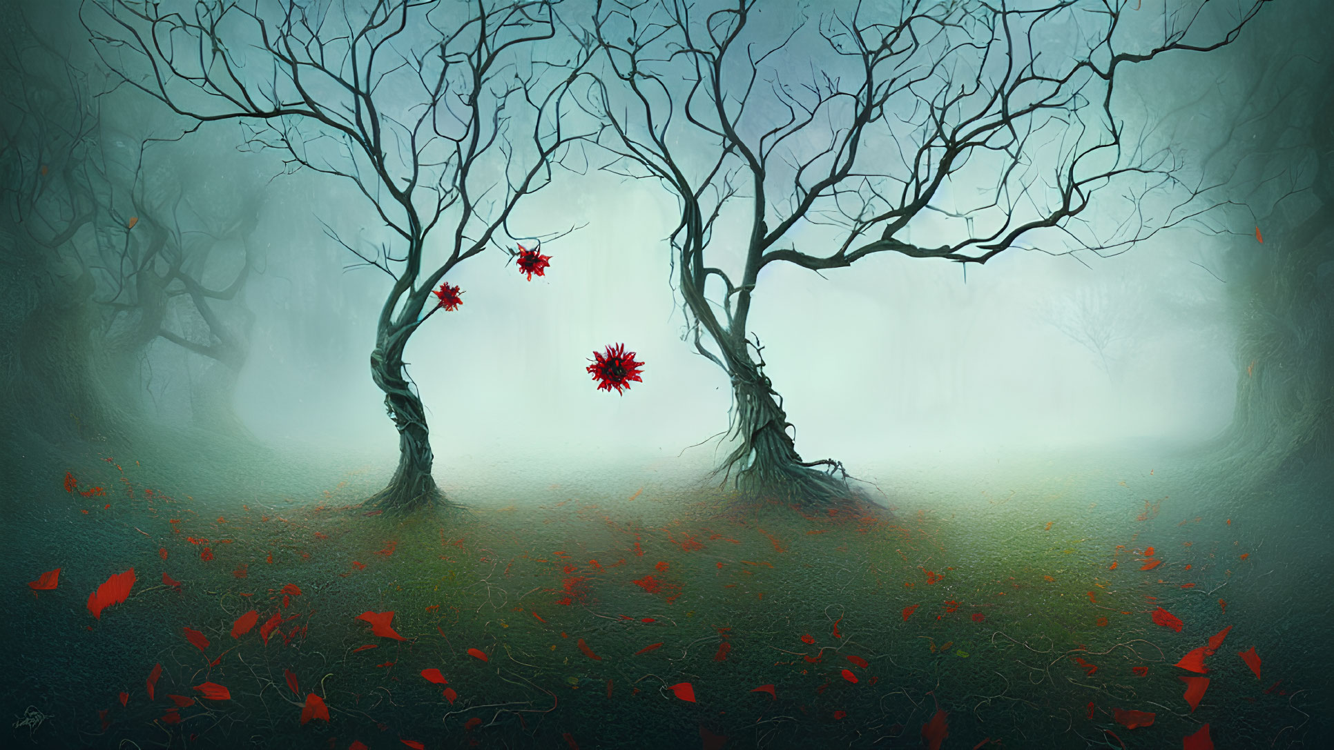 Mystical forest scene with twisted trees, red leaves, and spiky orbs in foggy