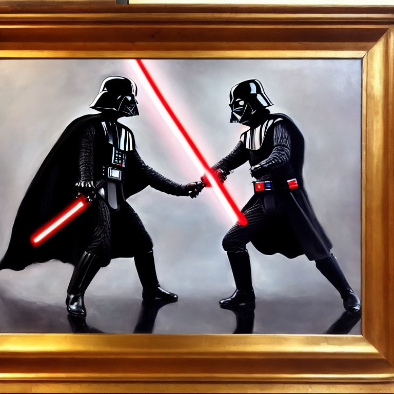 Two Darth Vader-like figures with crossed red lightsabers in golden frame