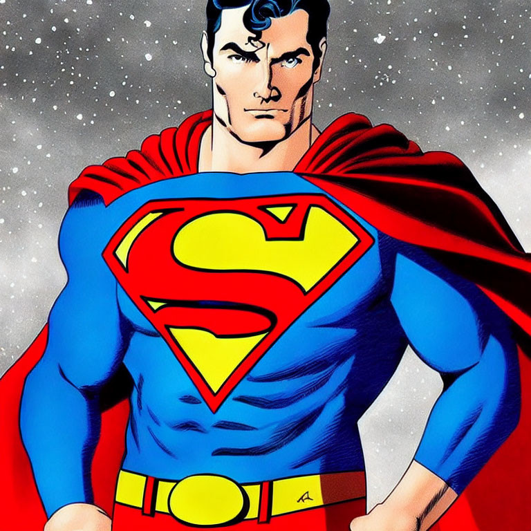 Superman illustration with red cape, blue suit, and 'S' emblem against starry sky