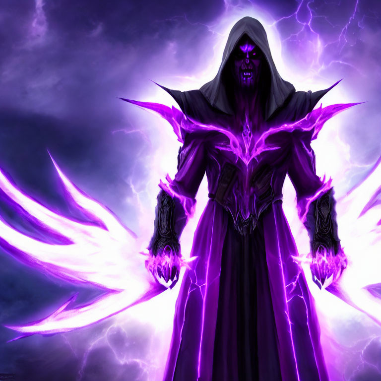 Hooded figure with glowing purple eyes summoning arcane energy