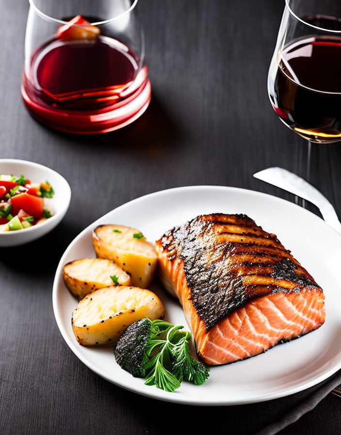 Salmon fillet with herbs, lemon, roasted potatoes, salad, and red wine on table