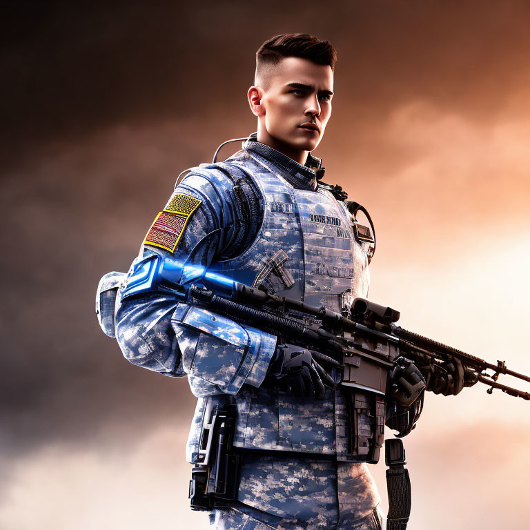 Person in Digital Camouflage Uniform with Rifle Under Dramatic Sky