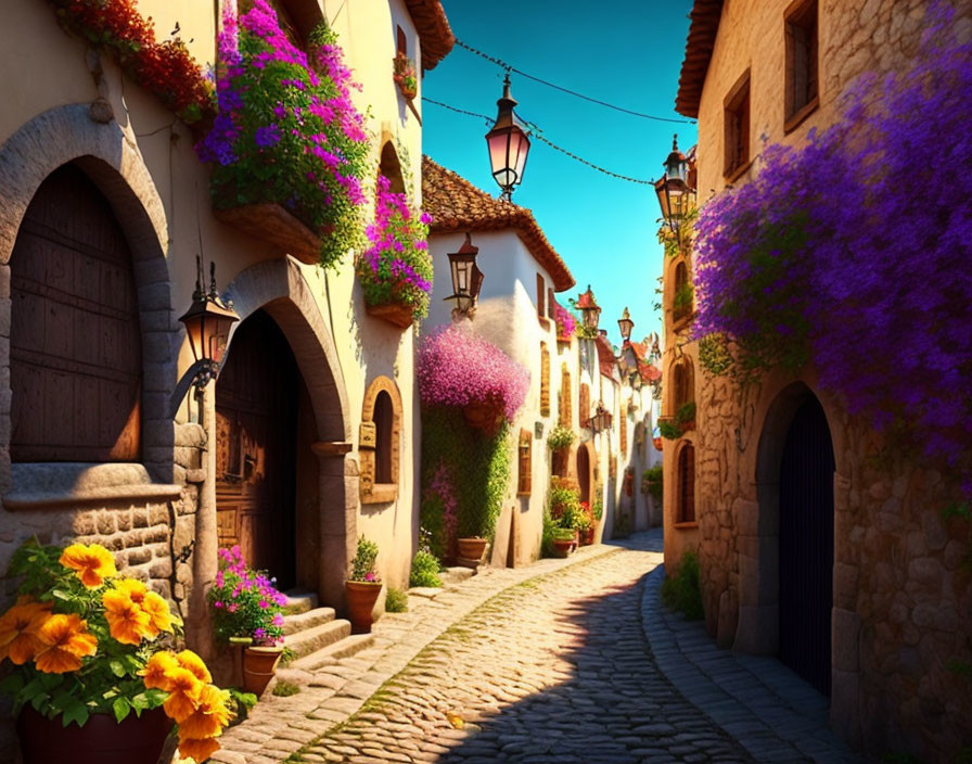 Historic cobblestone street adorned with vibrant flowers and hanging lanterns.