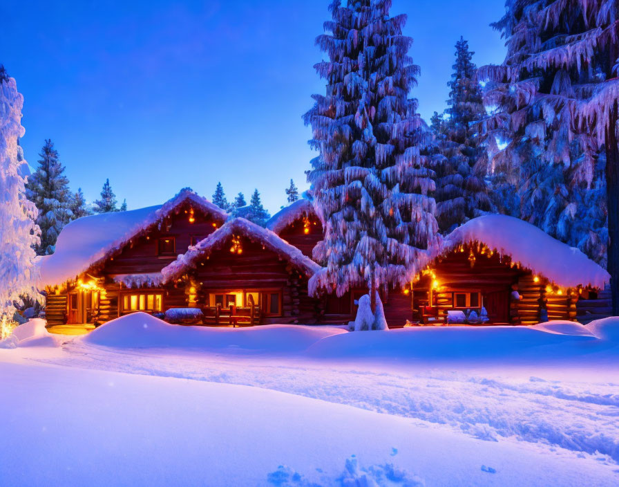 Snow-covered log cabins and trees in twilight ambiance.