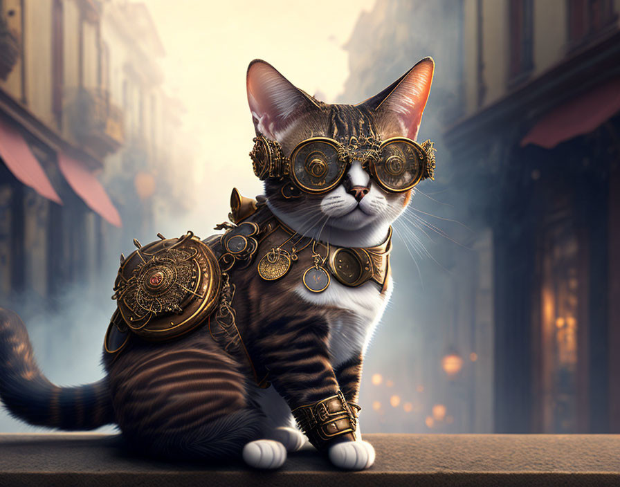 Steampunk-inspired cat with goggles and metallic armor on city street