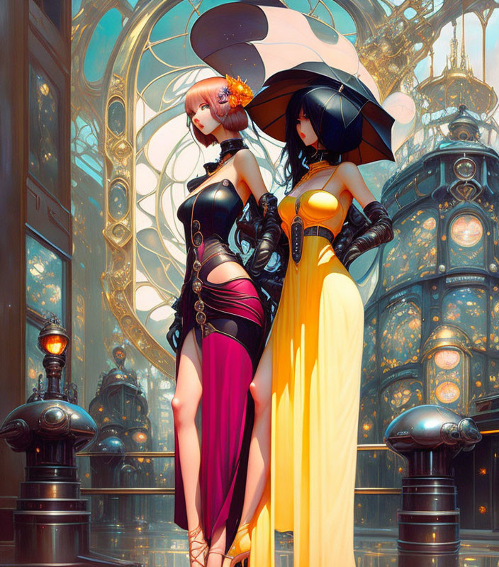 Two stylish animated women in futuristic outfits by ornate glass-domed structure